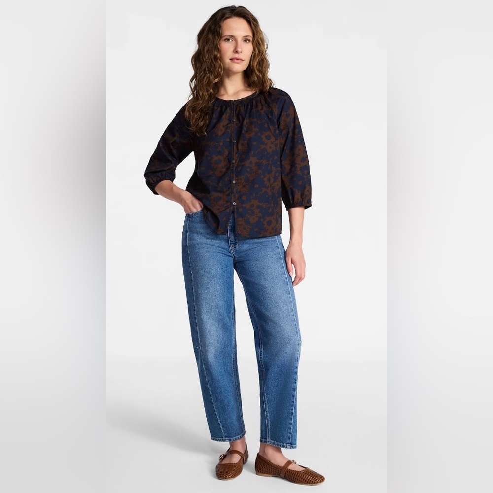NWT Navy and Brown Floral Button-Front Blouse